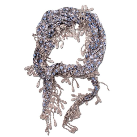 Ditsy Floral Tassel Scarf Shawl Boho Wrap Taupe Blue White - Picture 2 of 6